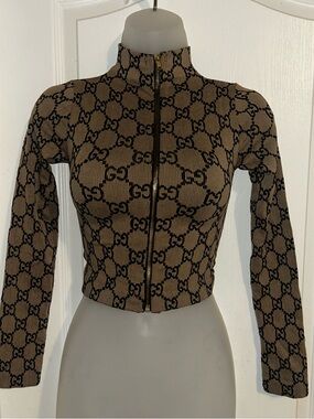 Zip-Up Knit Top - Brown & Black